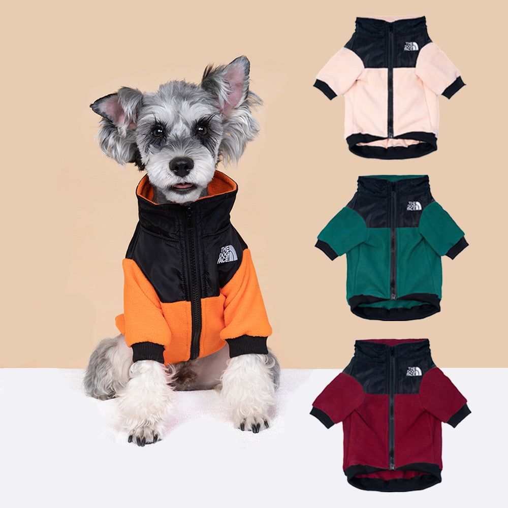 Embroidered fleece two-leg dog jacket in Red, front view