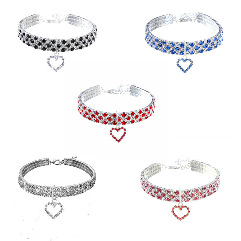 Elastic crystal pet necklace collar with silver plated charm in white, view 1