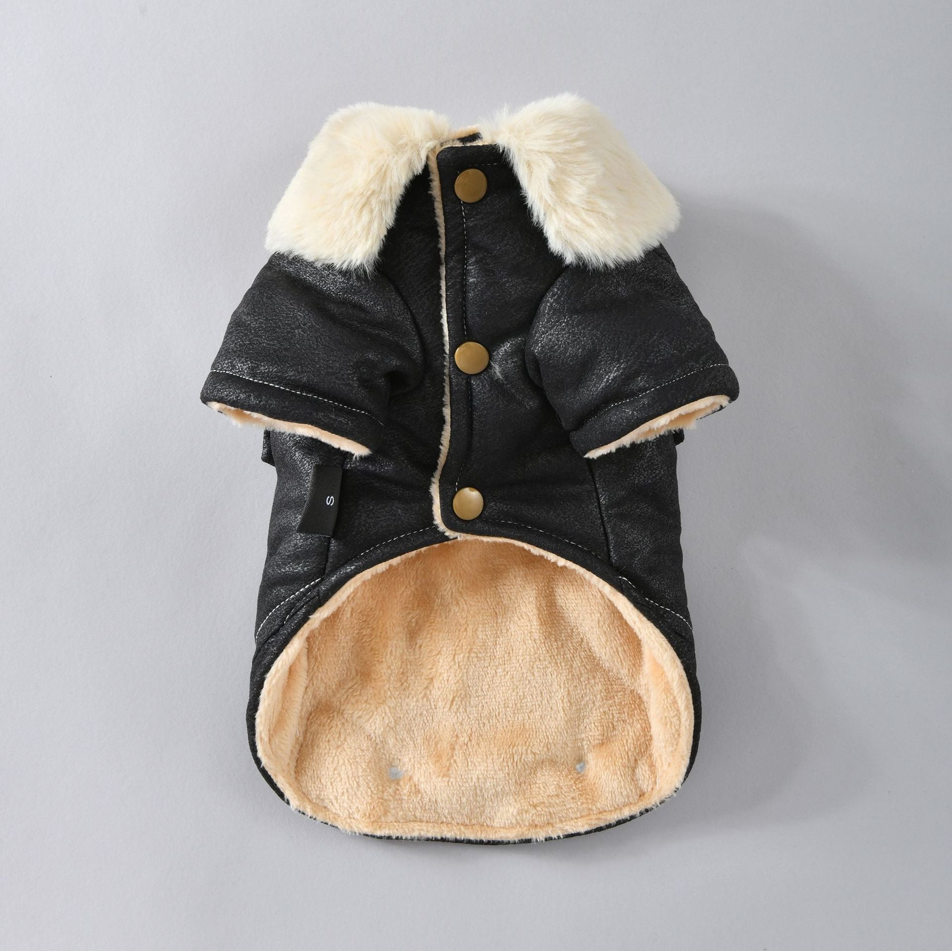 Thick flannel dog jacket with faux fur collar in Black, in a home setting