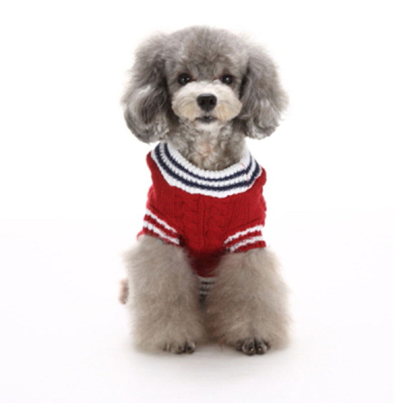 Blue knitted wool jumper for dogs and cats in Blue, showing size and shape
