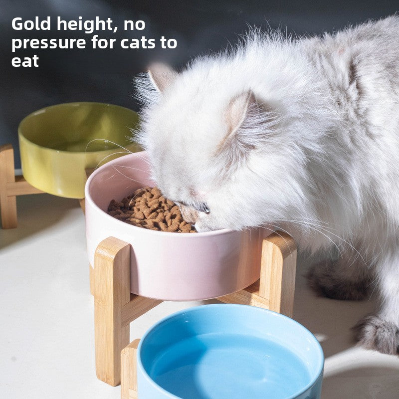 Elevated Ceramic Pet Feeding Bowl with Bamboo Stand, Anti-Spill Base in Five Colours