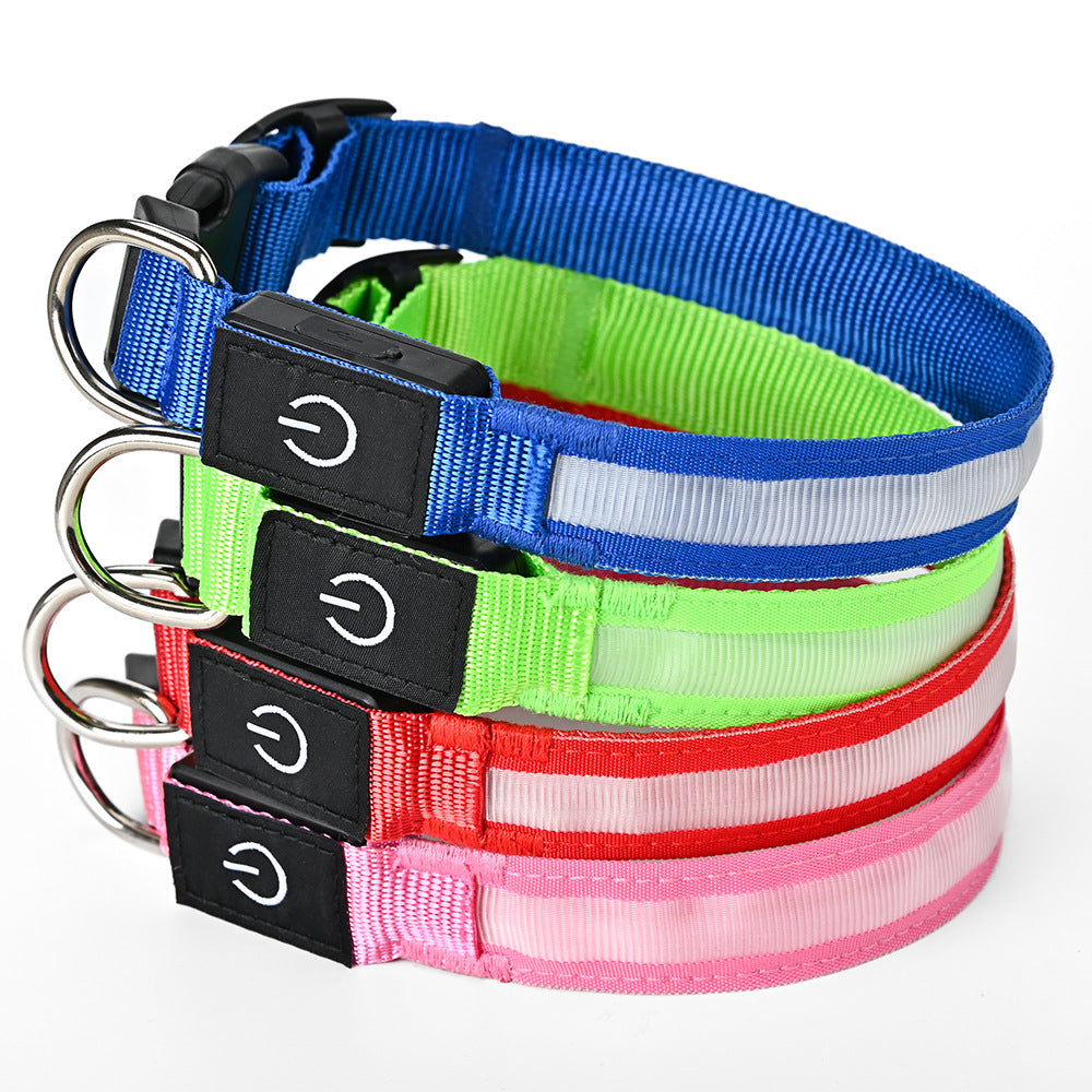 Rechargeable glowing nylon pet collar lit up at night, product image 3