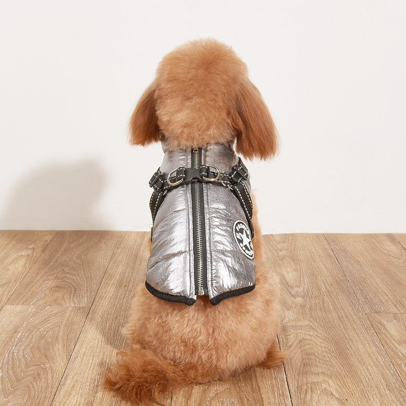 Warm padded cotton dog coat with reflective straps in Red, front view
