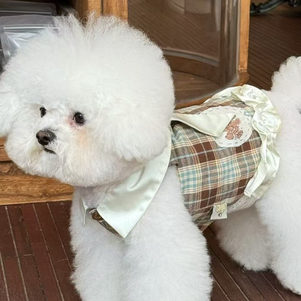 Plaid dog dress with lace trim, in Brown Plaid, image 3