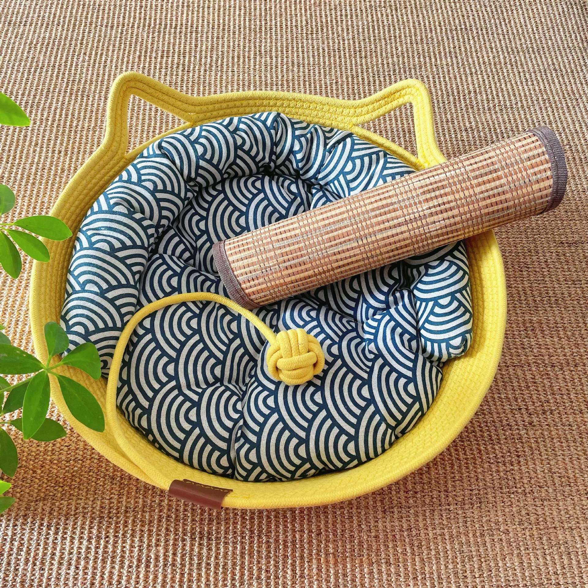 Small woven rattan cat nest in macaron blue with ball, view 69