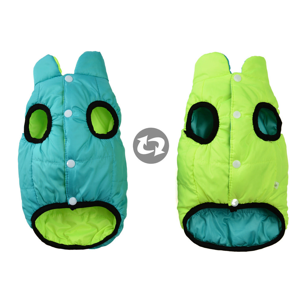 Reversible high collar dog winter vest, in use with a pet