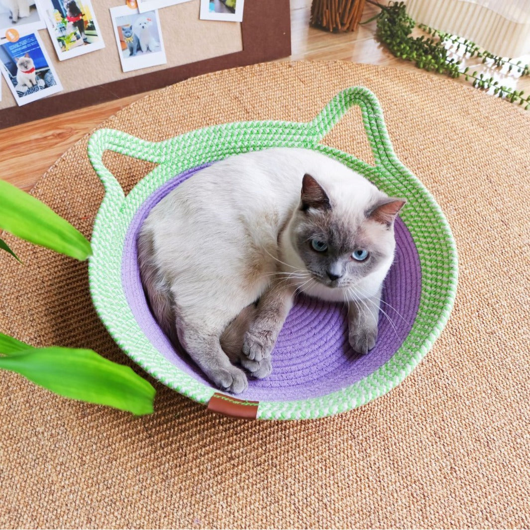 Small woven rattan cat nest in macaron blue with ball, view 26