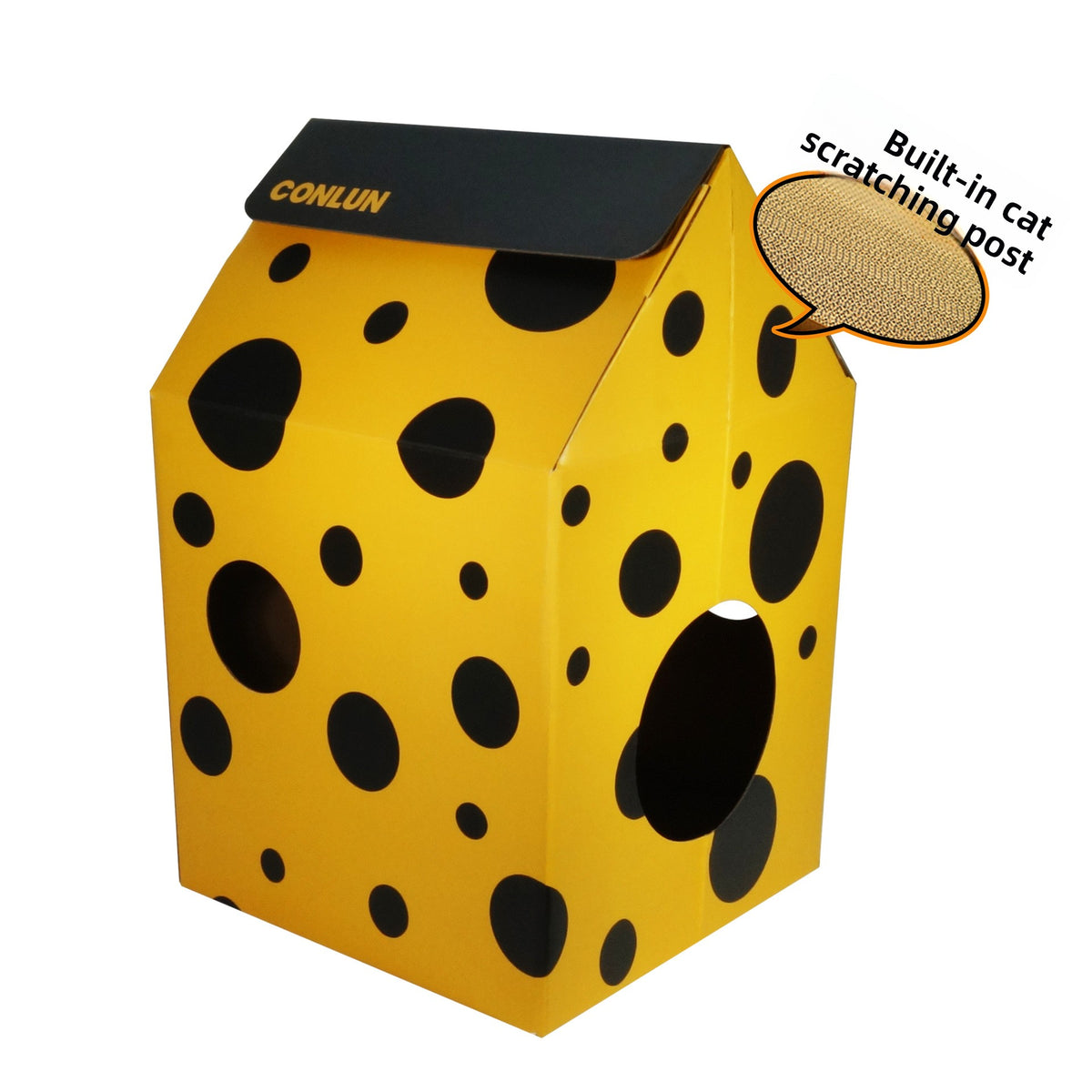 Corrugated cardboard cat nest house with checkerboard print design, view 3