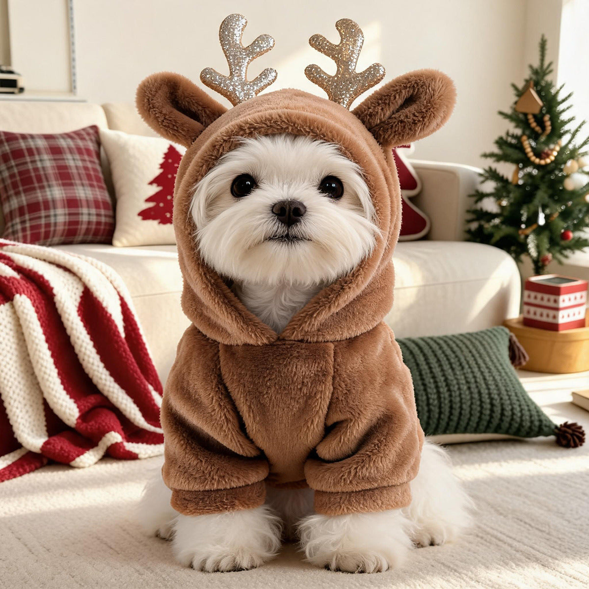 Cat in a cosy reindeer flannel costume with golden antlers