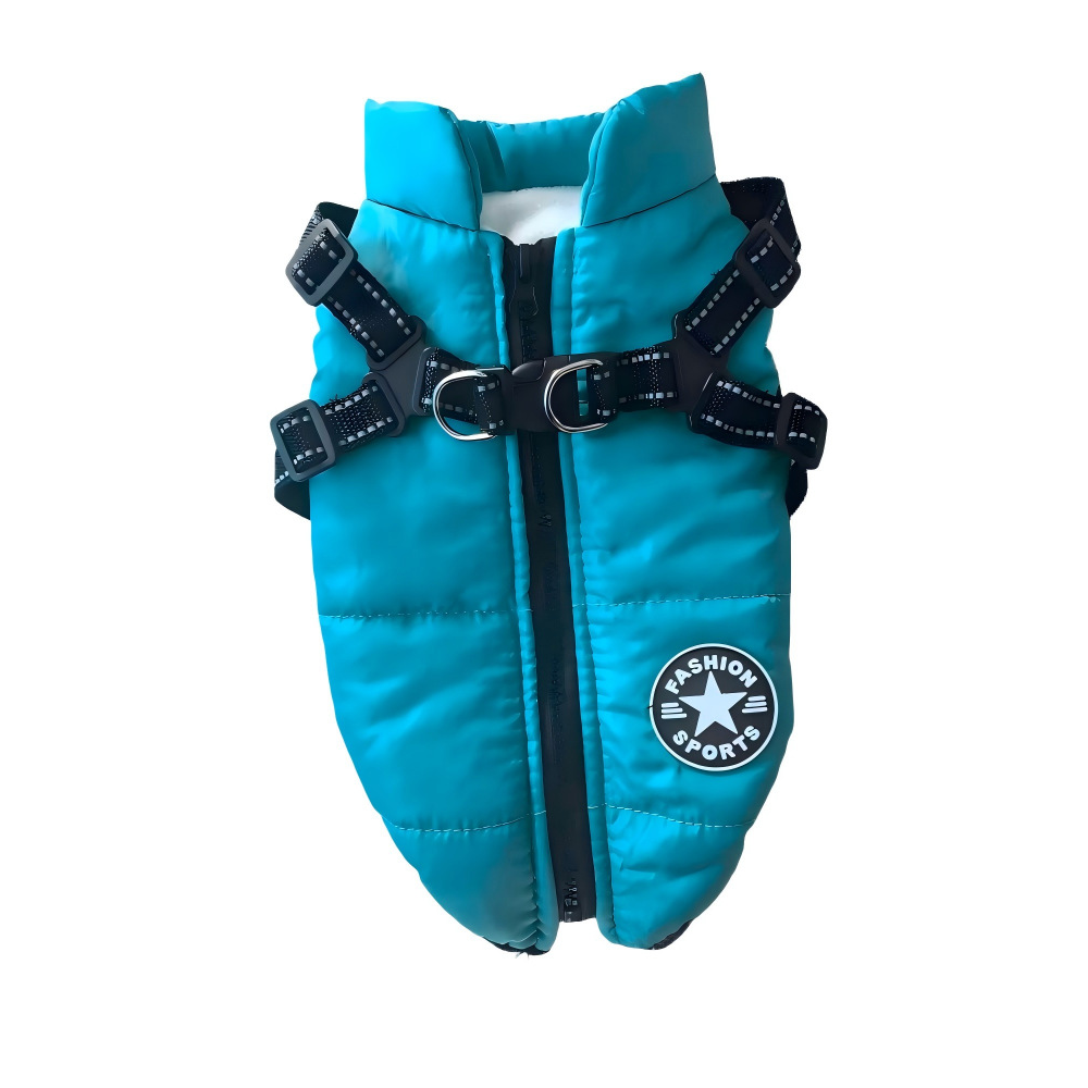 Fleece lined padded dog vest with reflective strips in Blue, in use with a pet