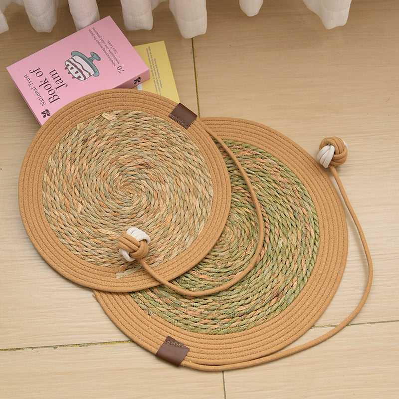 Round woven cattail grass cat scratch mat, shown in 4 colours and styles
