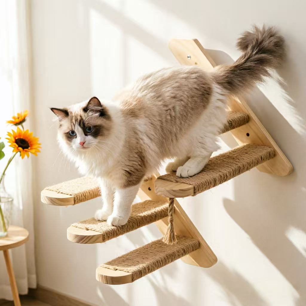 Solid wood wall-mounted cat climbing steps with sisal rope, photo 4