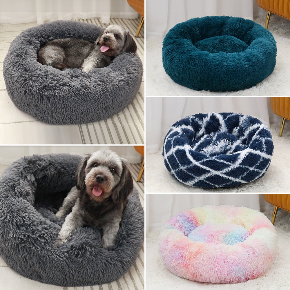 Round Long Plush Donut Bed for Cats and Small Dogs, Washable
