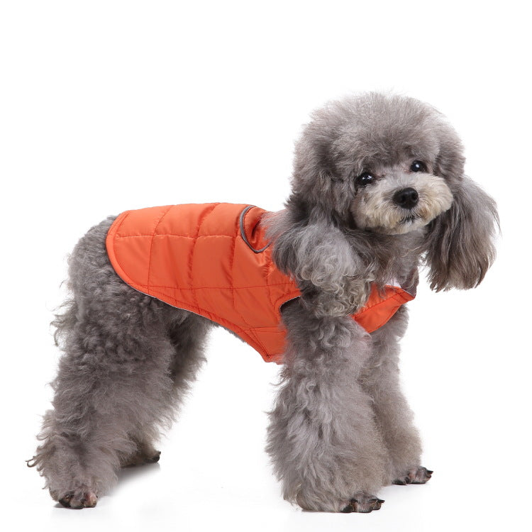 Windproof hooded dog jacket with zip front in Red Style B, close-up detail