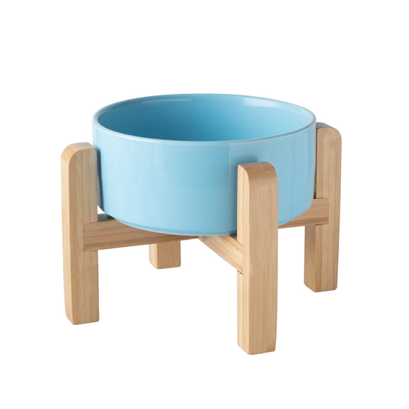 Elevated Ceramic Pet Feeding Bowl with Bamboo Stand, Anti-Spill Base in Five Colours