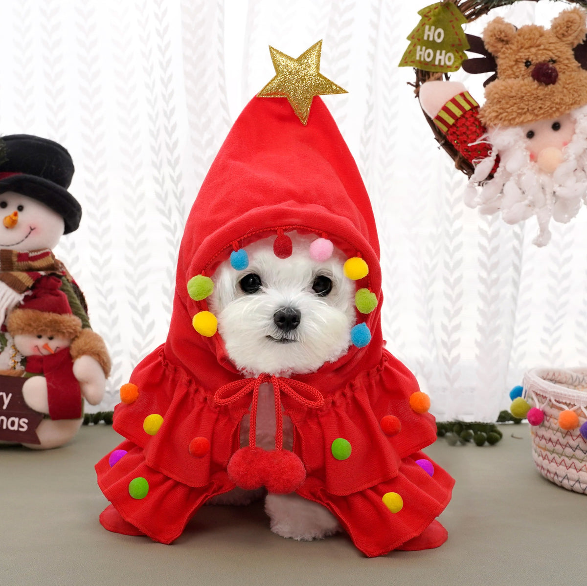 Small dog wearing a green plush Christmas tree cape