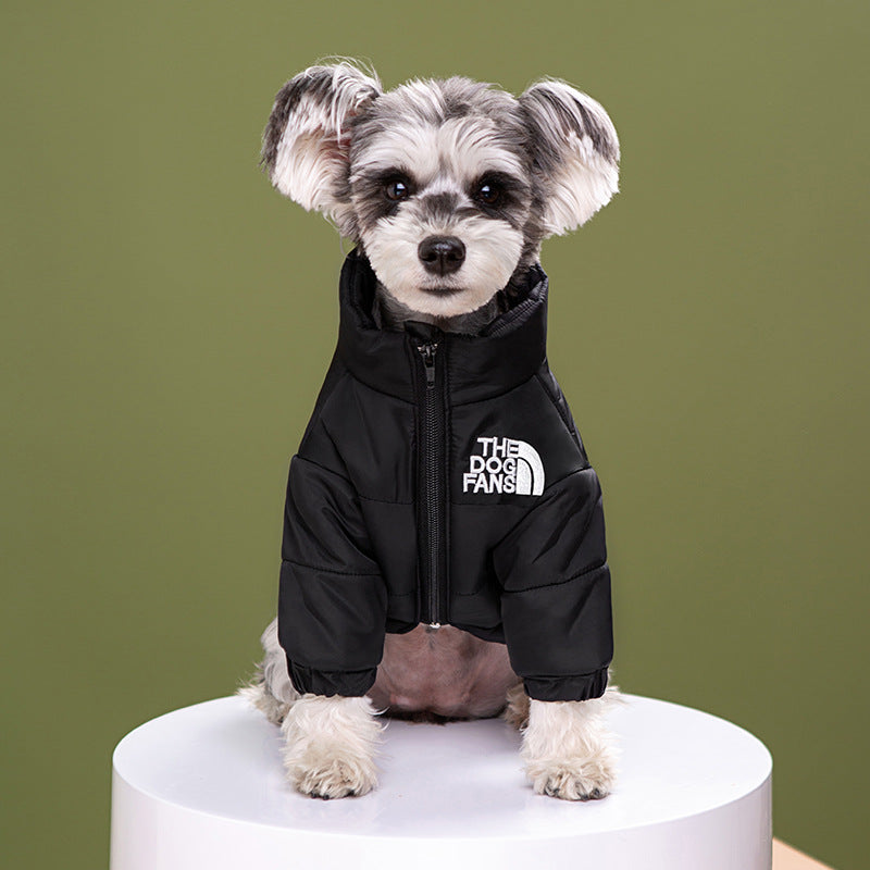 Windproof water-resistant padded jacket for large dogs in Black, in a home setting