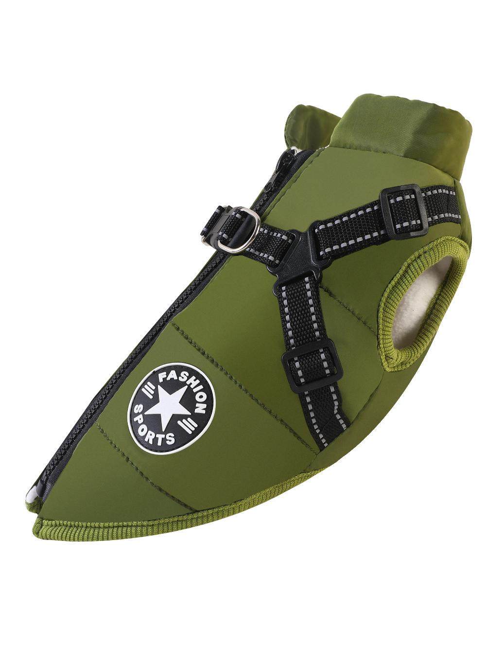 Fleece lined padded dog vest with reflective strips in Blue, close-up detail