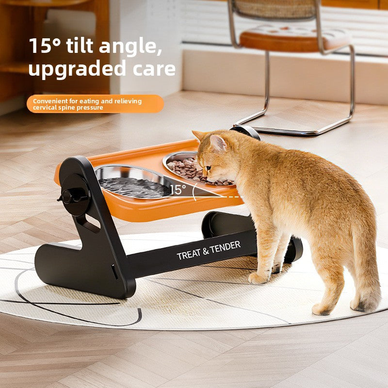 Adjustable height tilted pet bowl with stainless steel insert in grey, view 1
