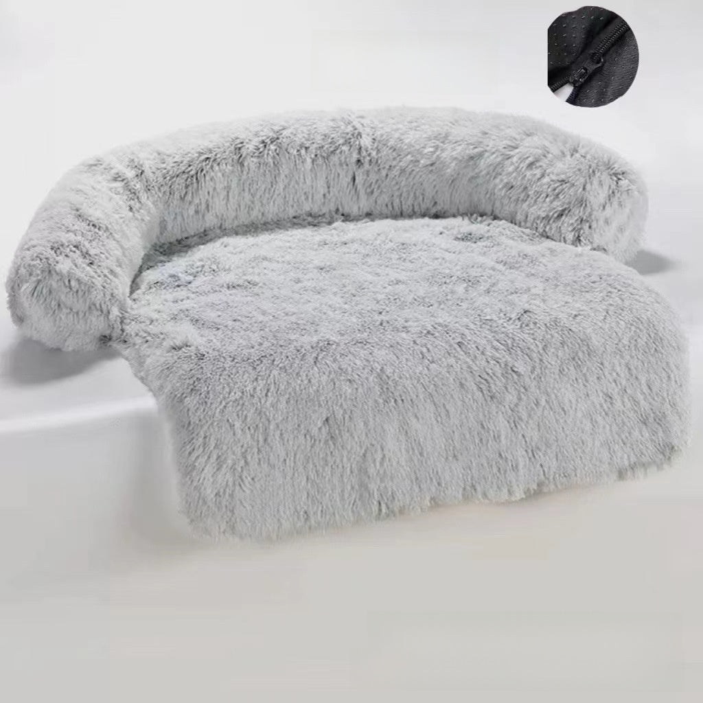 Dark grey long plush curved dog bed with raised sides, photo 70