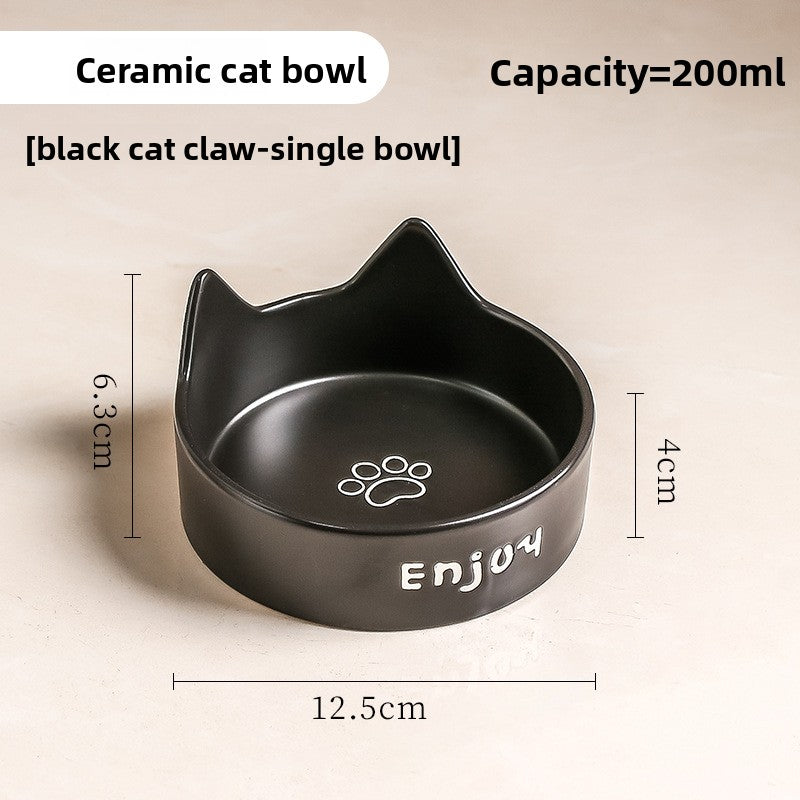 Anti-Spill Ceramic Pet Bowl with Wooden Stand and Cat Ear, Paw or Fish Bone Design