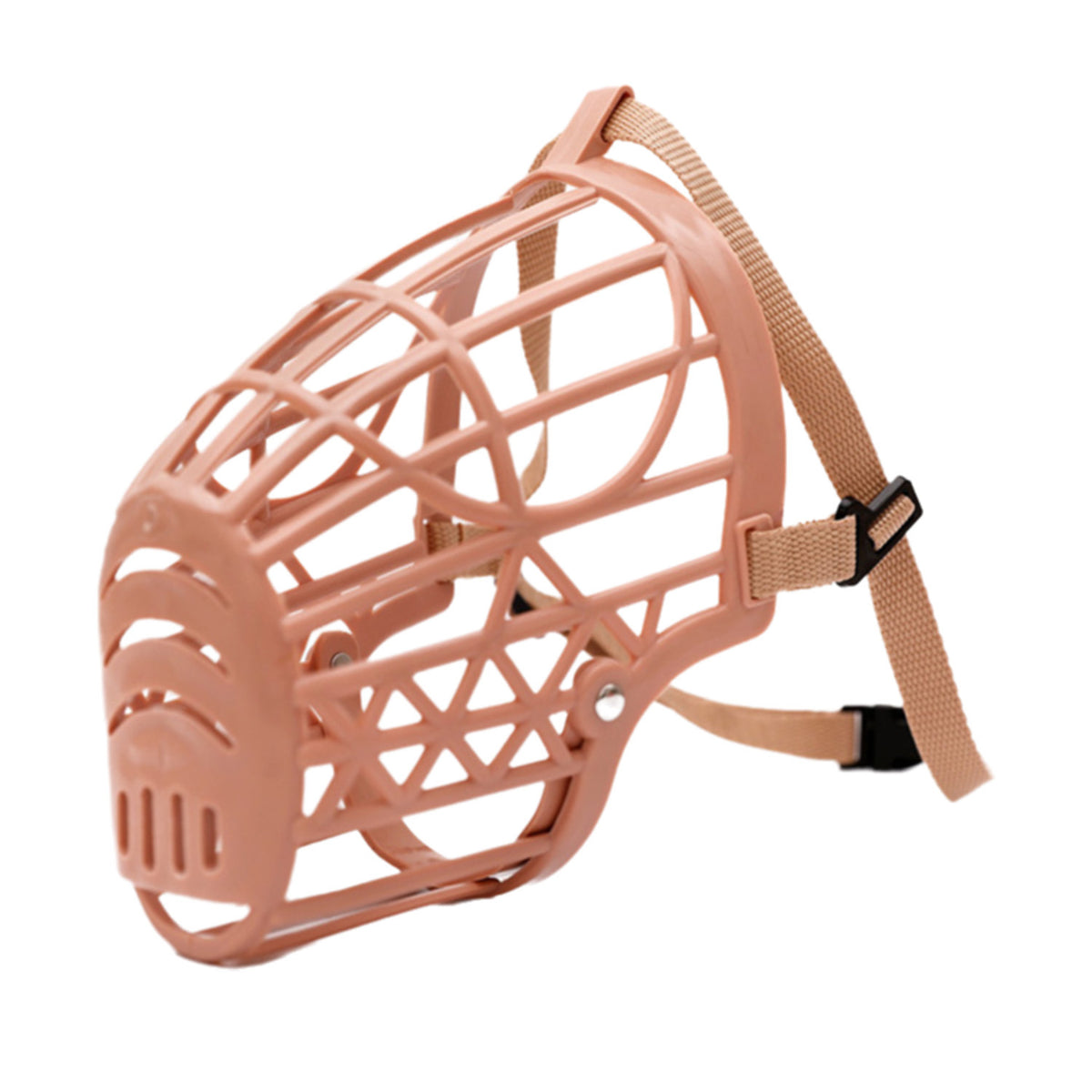 Light pink breathable plastic basket dog muzzle with adjustable straps, product image 10
