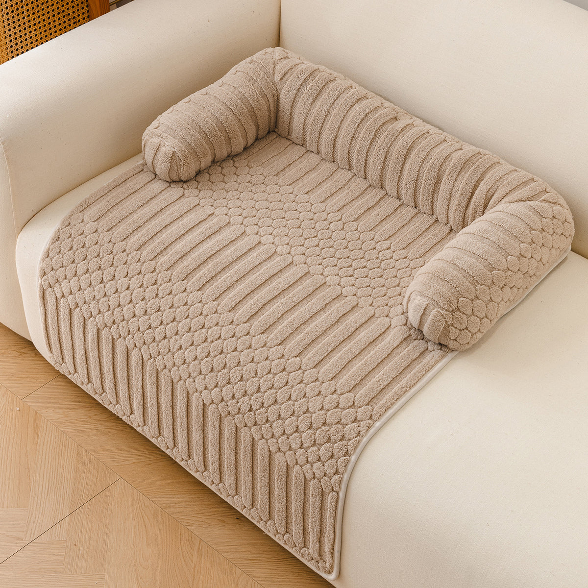 Cat resting on a coffee coloured soft pet mat with non-slip base