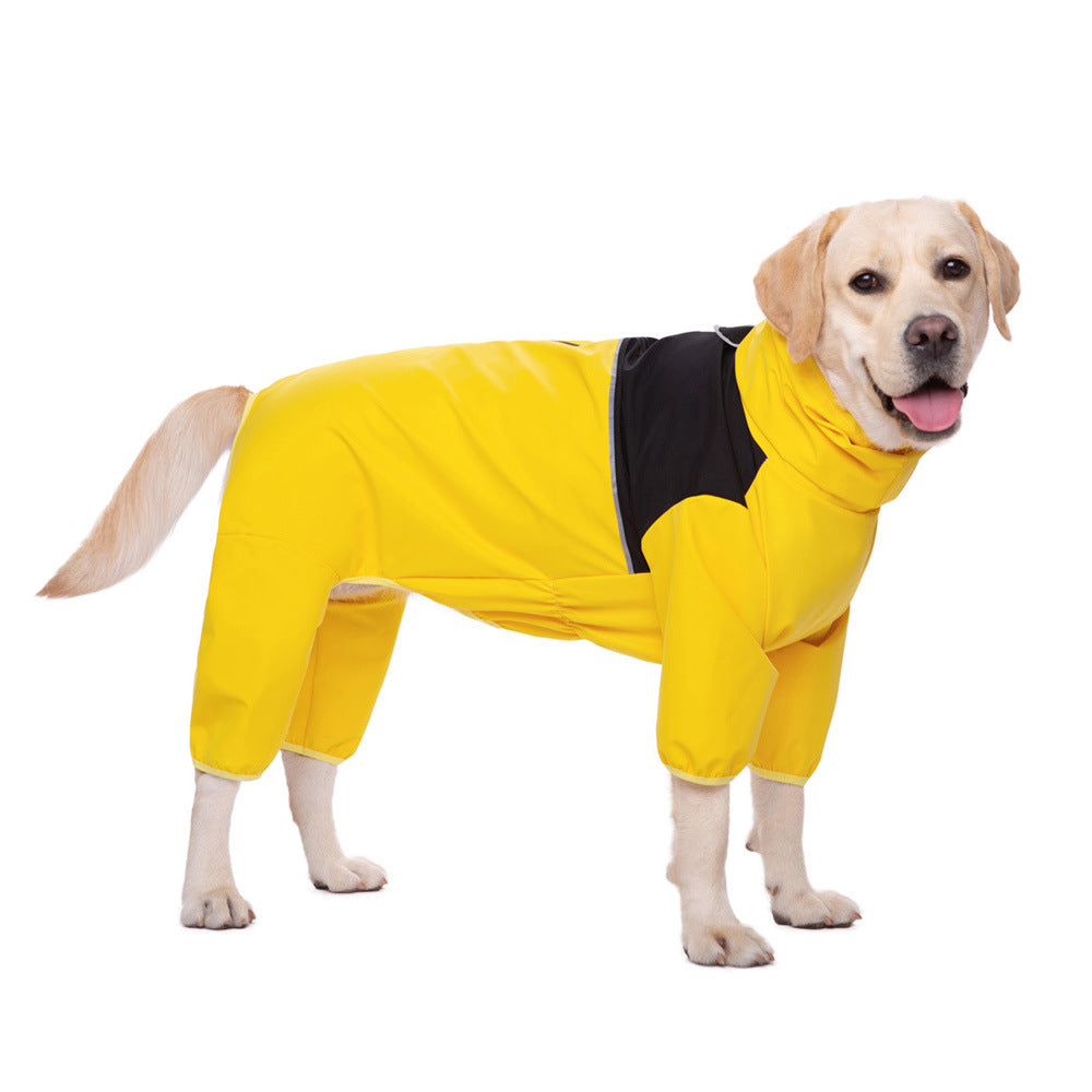 Four-leg waterproof raincoat for large dogs in Yellow, in use with a pet
