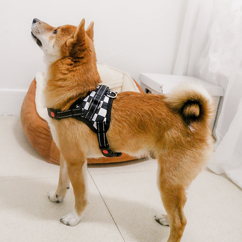 Saddle style padded dog harness in Check Saddle, front view