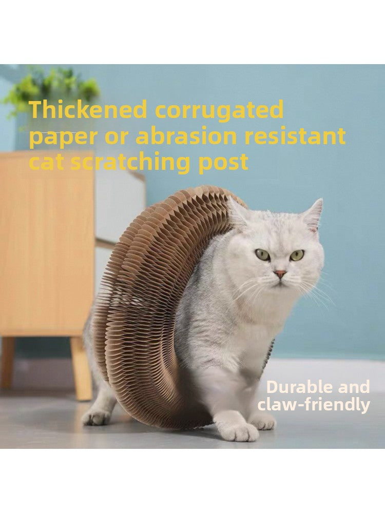 Round accordion corrugated cat scratcher toy with bell ball, view 3 of 10