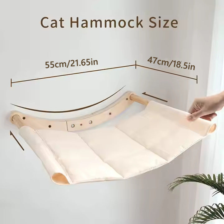 Wooden wall-mounted cat perch with hammock, further angle view