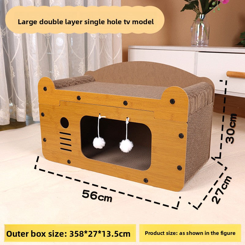 Corrugated cardboard cat scratcher house and den, photo from another angle