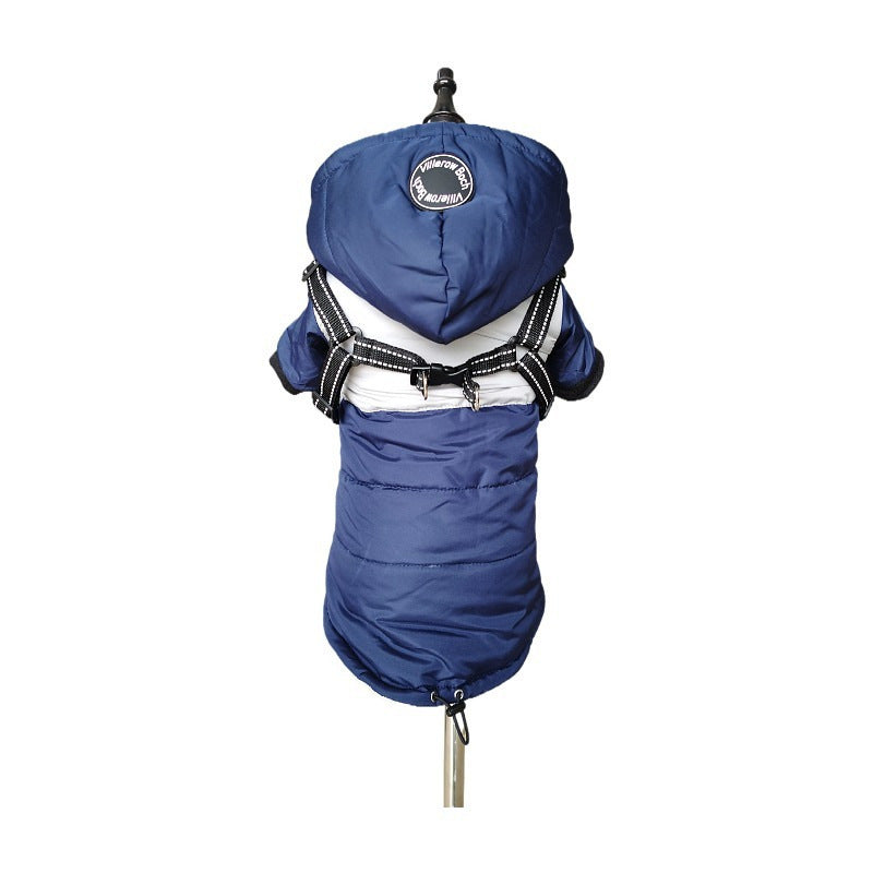 Hooded waterproof dog jacket with built-in harness in Pink, in use with a pet