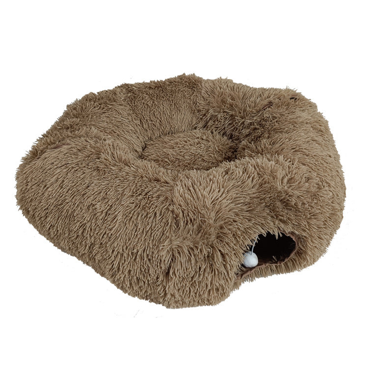 Grey donut tunnel plush cat bed with hanging ball, view 9
