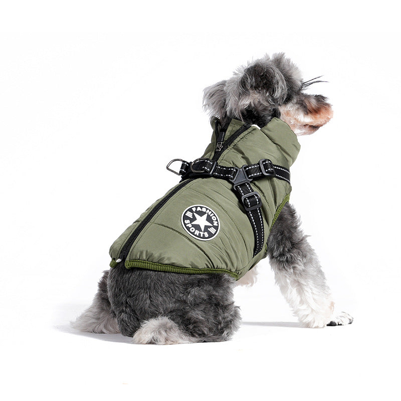 Padded cotton dog jacket with built-in lead vest in Navy Blue, side view