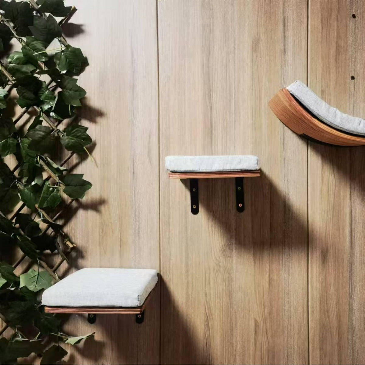 Curved wooden cat climbing board with square platforms