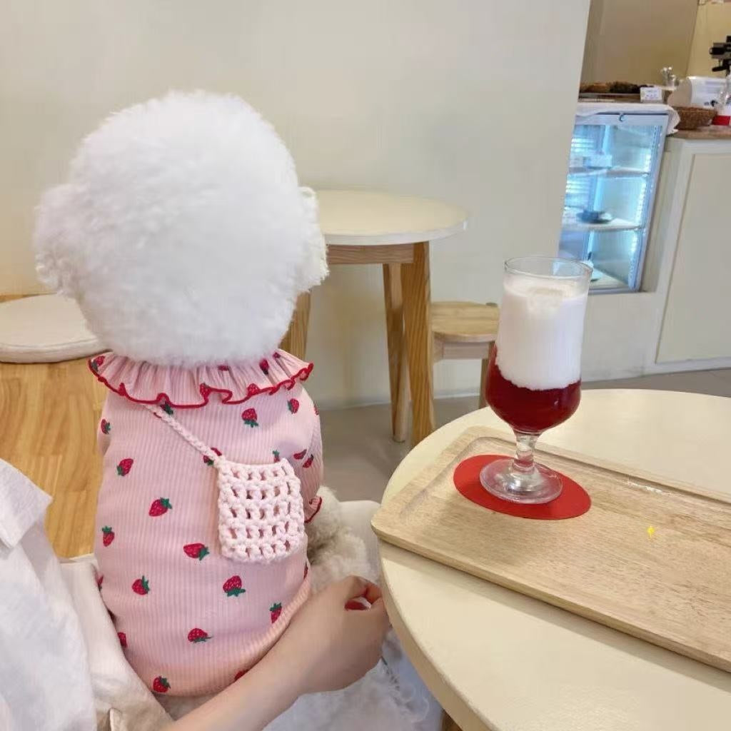 Strawberry print pet T-shirts in white and pink