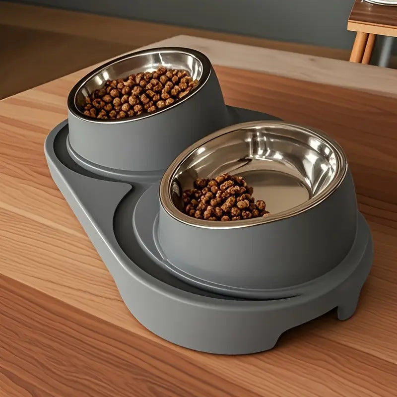 Slanted Double Pet Food and Water Bowl in Stainless Steel or Ceramic, Cat and Dog Designs