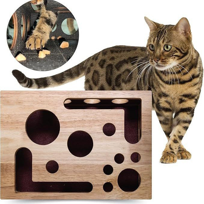 Solid wood cat maze puzzle toy with balls, main product photo