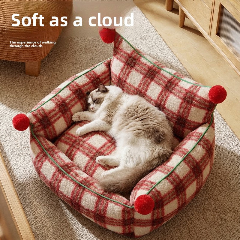 Red plaid plush sofa nest bed for cats and small dogs, photo 3 of 8