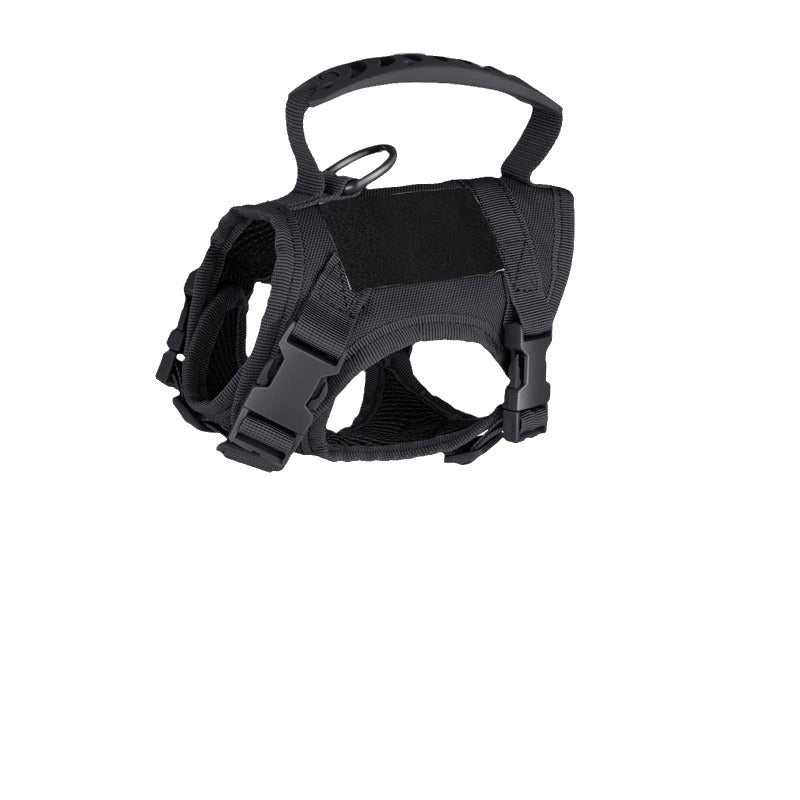 Tactical style vest harness in camouflage on a small dog