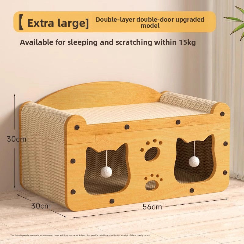 Two tier cardboard cat house with scratching board and play balls, view 9 of 14