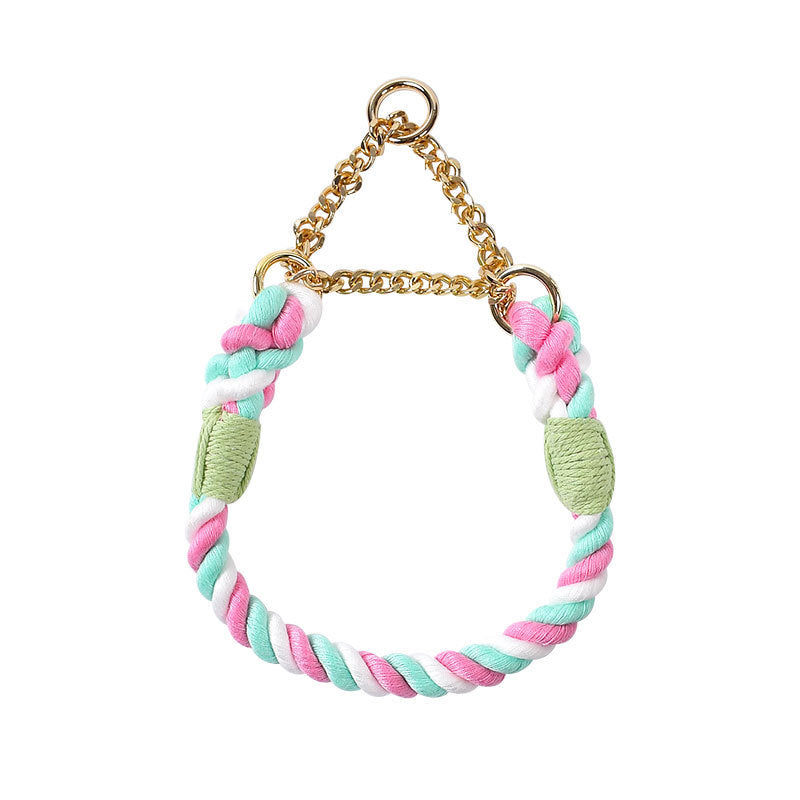 Woven rainbow dog lead with gold coloured clip
