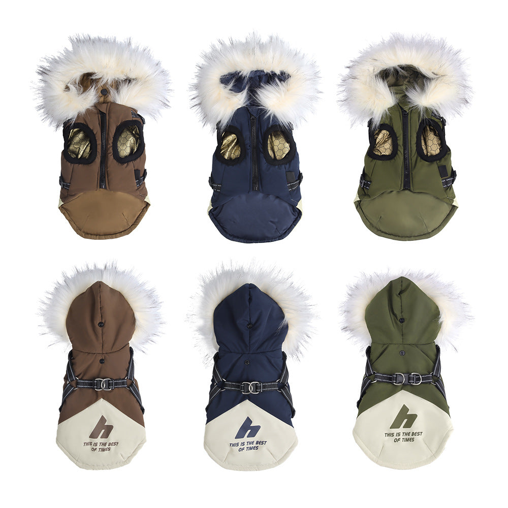 Hooded padded dog jacket with faux fur collar in Brown, showing size and shape