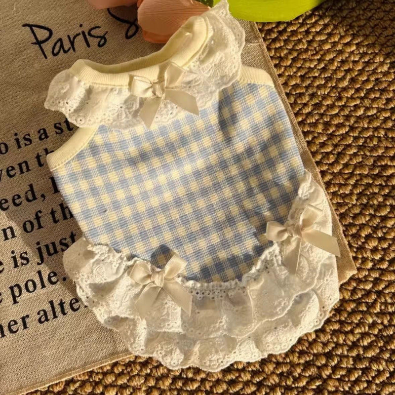 Blue check lace summer vest for small pets for dogs and cats, image 2