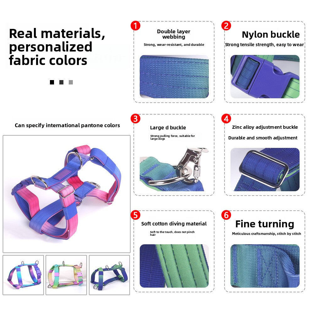Gradient tactical dog harness vest with neoprene padding in purple and blue, view 1