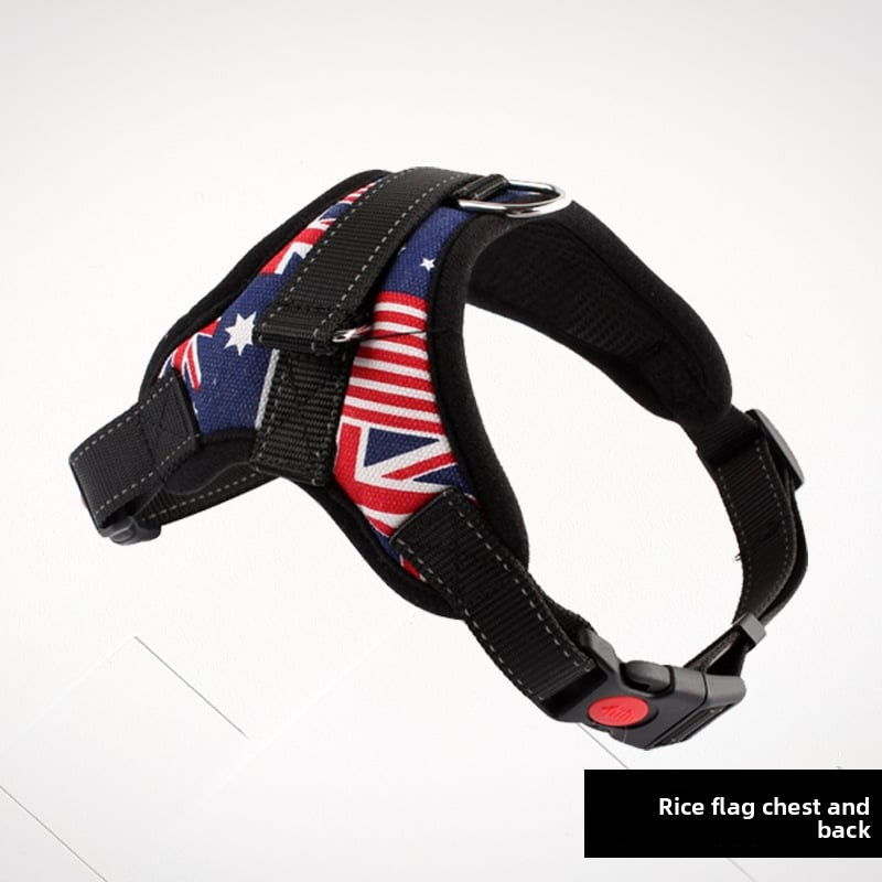 Padded cloth dog harness with Union Jack design in Black, close-up detail