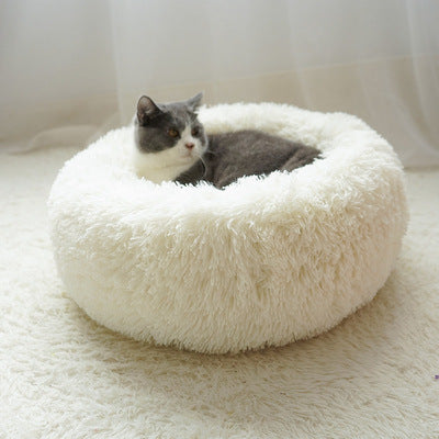 Round velvet cat bed mat for winter in White, size 40cm