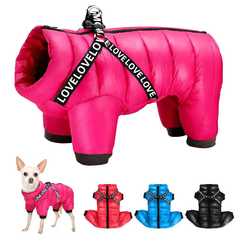 Fleece lined four-leg padded dog coat in Yellow, showing size and shape
