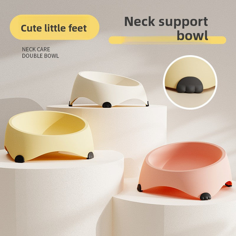 White raised tilted cat bowl with stainless steel dish, view 2